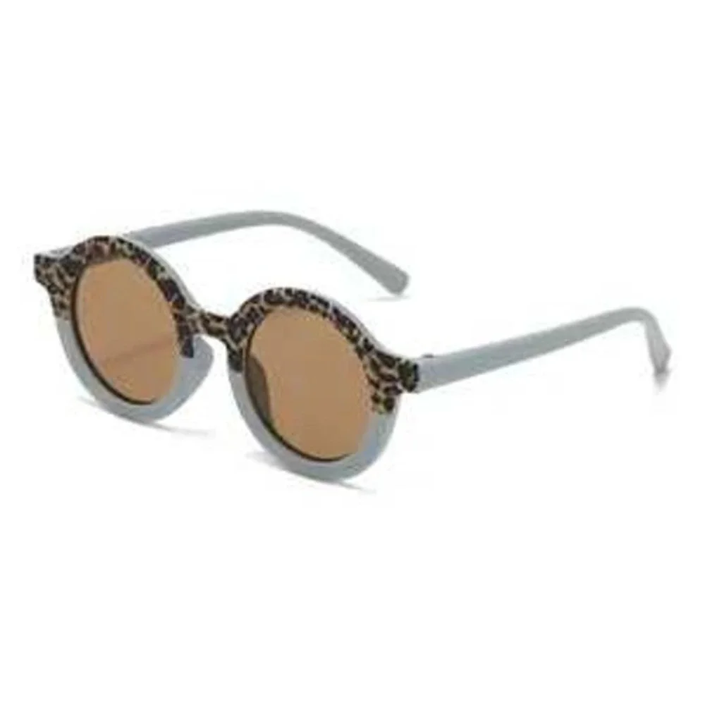 Kids Round Leopard Print Blue Two Tone Sunglasses Brown Lens